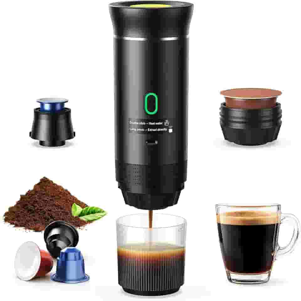 Máquina de café expresso portátil, máquina de café de viagem para acampamento, cafeteira autoaquecida para carro com USB-C, compatível com café moído e cápsulas NS, máquina de café expresso portátil