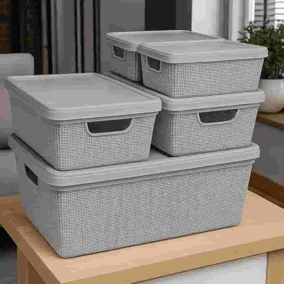 Caixa Organizadora com Tampa Kit 5 Peças Cesto Grande em Plástico 1,8 L 5 L 15 L - Rv-Ecommerce (Cinza)