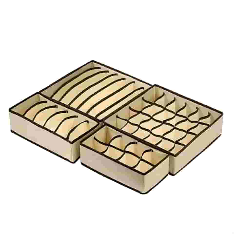 Kit de 4 Organizadores de Roupas Íntimas para Gaveta e Armário, Caixa de Armazenamento para Meias, Roupas de Cama e Lingerie - Organize e Simplifique Seu Espaço (Bege)