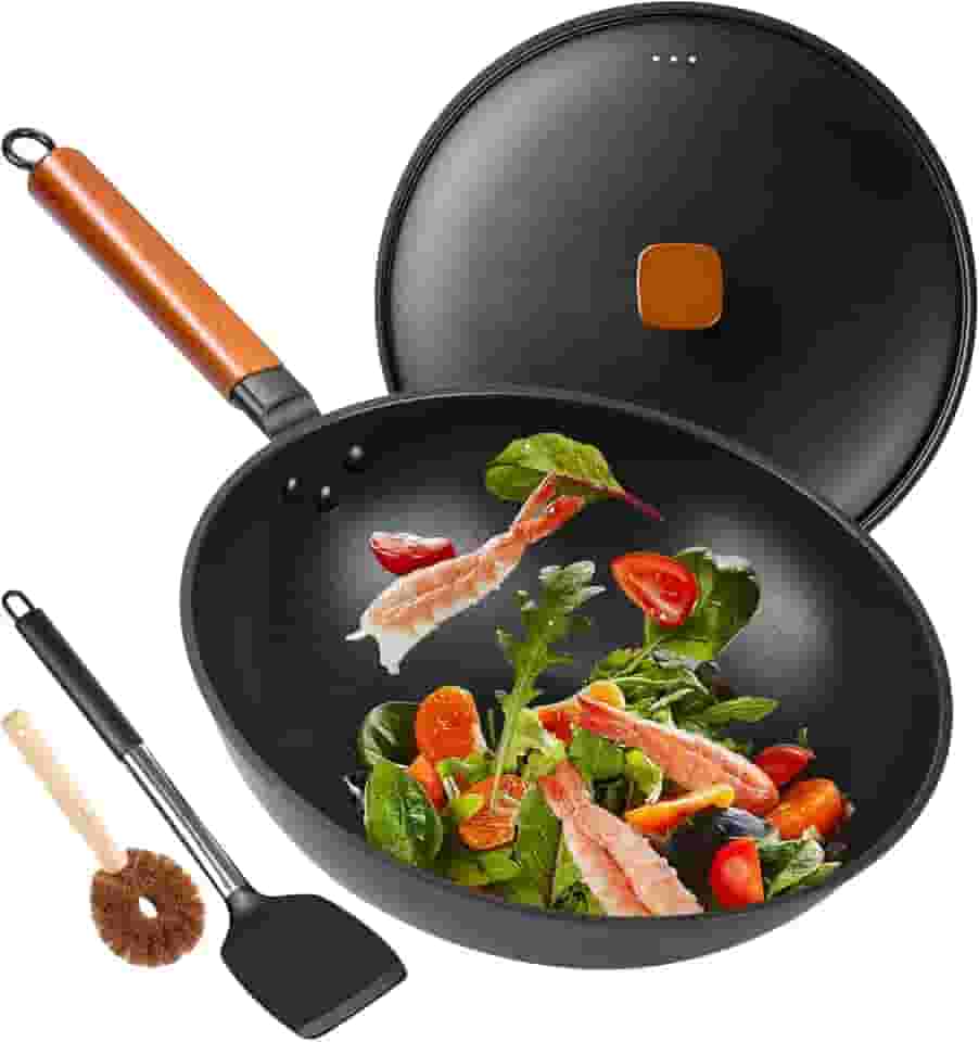 Bretor Panela Wok Com Tampa - Wok Antiaderente De 12,9', Woks De Aço Carbono E Frigideiras Com Espátula, Wok Chinês De Fundo Plano Para Fogões Elétricos, De Indução E A Gás