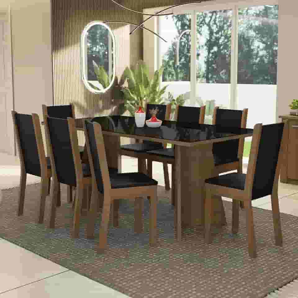 Conjunto Sala de Jantar Mesa Tampo de Vidro 8 Cadeiras Rustic/preto Justine Madesa