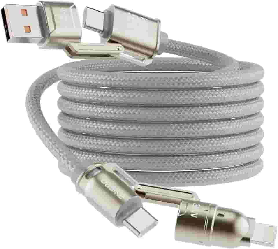 Basike Cabo USB-C 4 em 1, Tipo C Turbo 65W Ultra Rapido Reforçado com Conectores Lightning/Tipo-C/USB-A, Compatível com iPhone, Android, iPad, Tablet e Notebook, 1.2 Metro (Prata, Estilo Tegular)