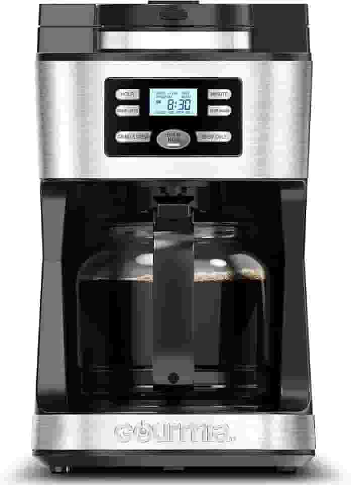 Gourmia Máquina de café programável GCM3180 para moer e preparar 12 xícaras com indicador ajustável de 4 horas para manter quente e frescor