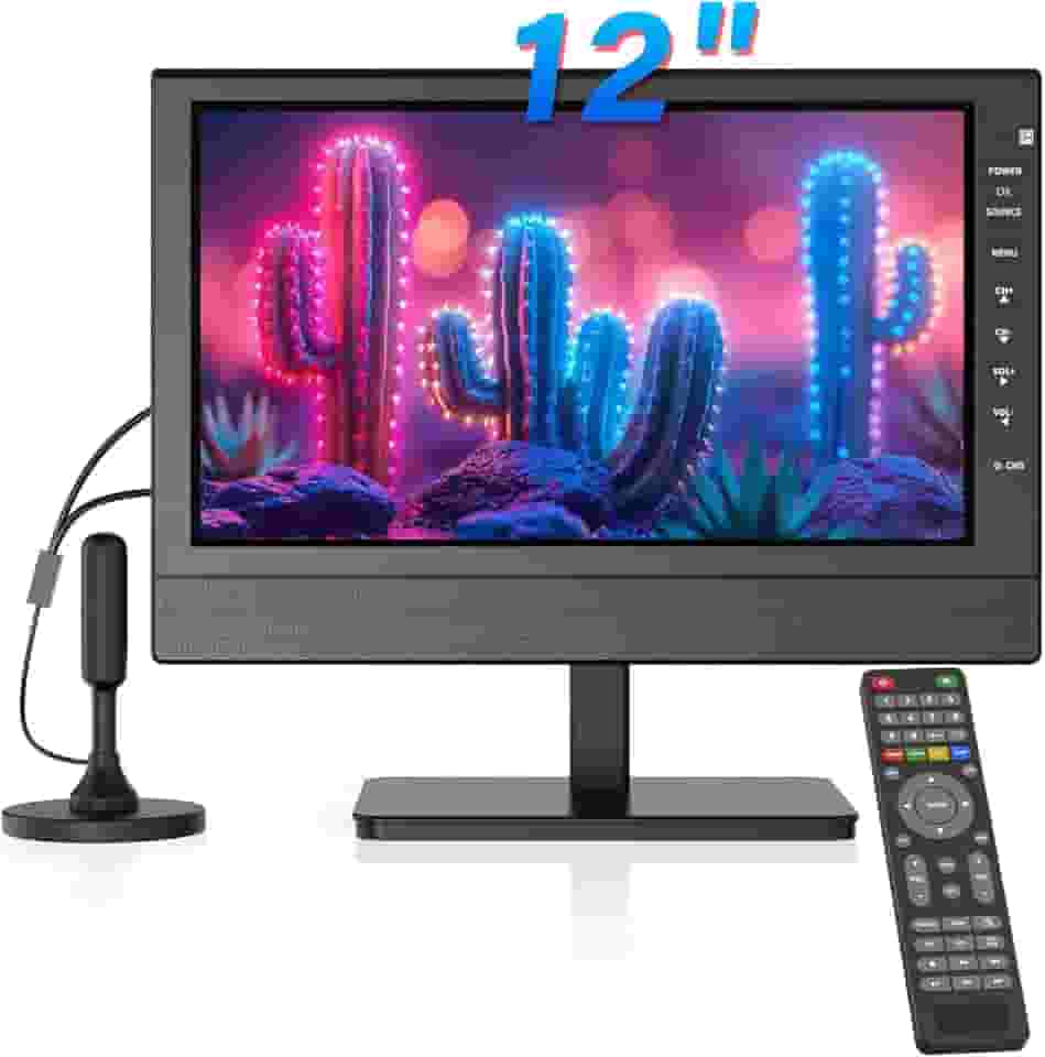 othoig TV de tela plana portátil, TV de cozinha pequena de 12 polegadas com baterias-HDMI, USB, slot AV e antena, cabo de veículo de 12 volts, CA para trailer/acampamento