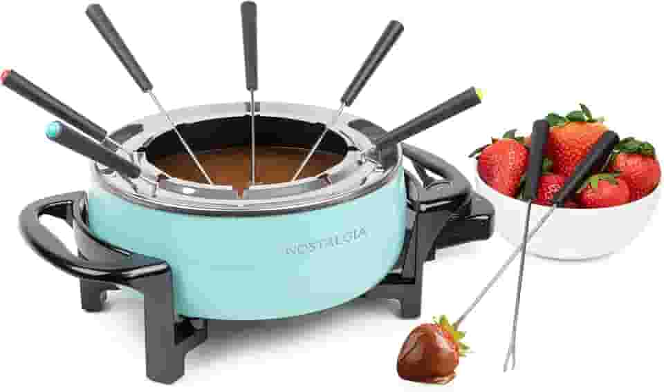 Nostalgia Conjunto de panelas elétricas de fondue de 12 xícaras para queijo e chocolate – 8 garfos codificados por cores, controle de temperatura – Utensílios e aparelhos de cozinha de aço inoxidável