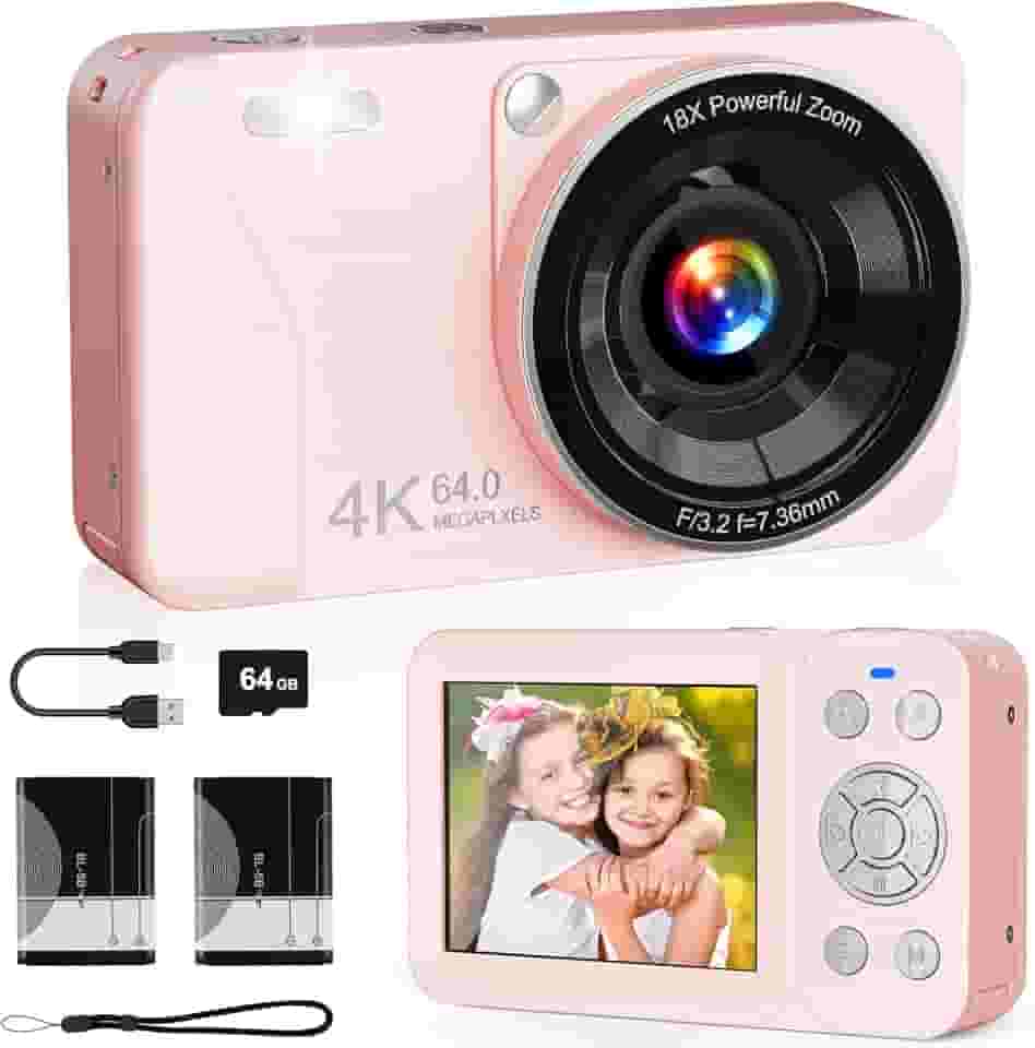 Câmera digital, câmera digital 4K 64MP, zoom 18x, aponte e atire com cartão TF de 64 GB e 2 baterias, câmera pequena portátil recarregável para crianças, adolescentes e adultos, rosa