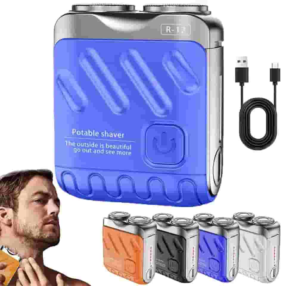 Barbeador elétrico de anel duplo rotativo portátil, 2025 novo barbeador elétrico para homens, mini barbeador portátil recarregável com Ipx7 à prova d'água molhado/seco (azul)