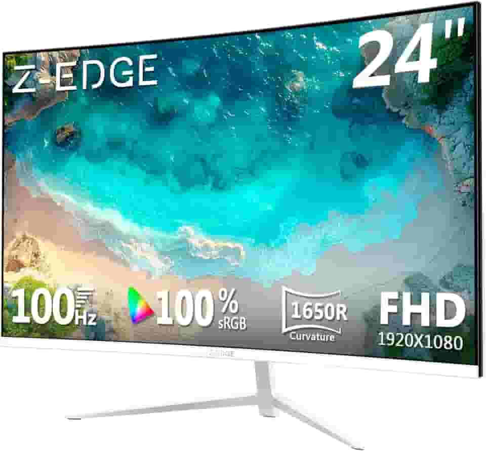 Monitor curvo Z-Edge de 24 polegadas Full HD 1920x1080 LED monitor de computador 75Hz, painel VA, bisel ultrafino, sem cintilação, ângulo de visão amplo de 178°, porta VGA HDMI, branco