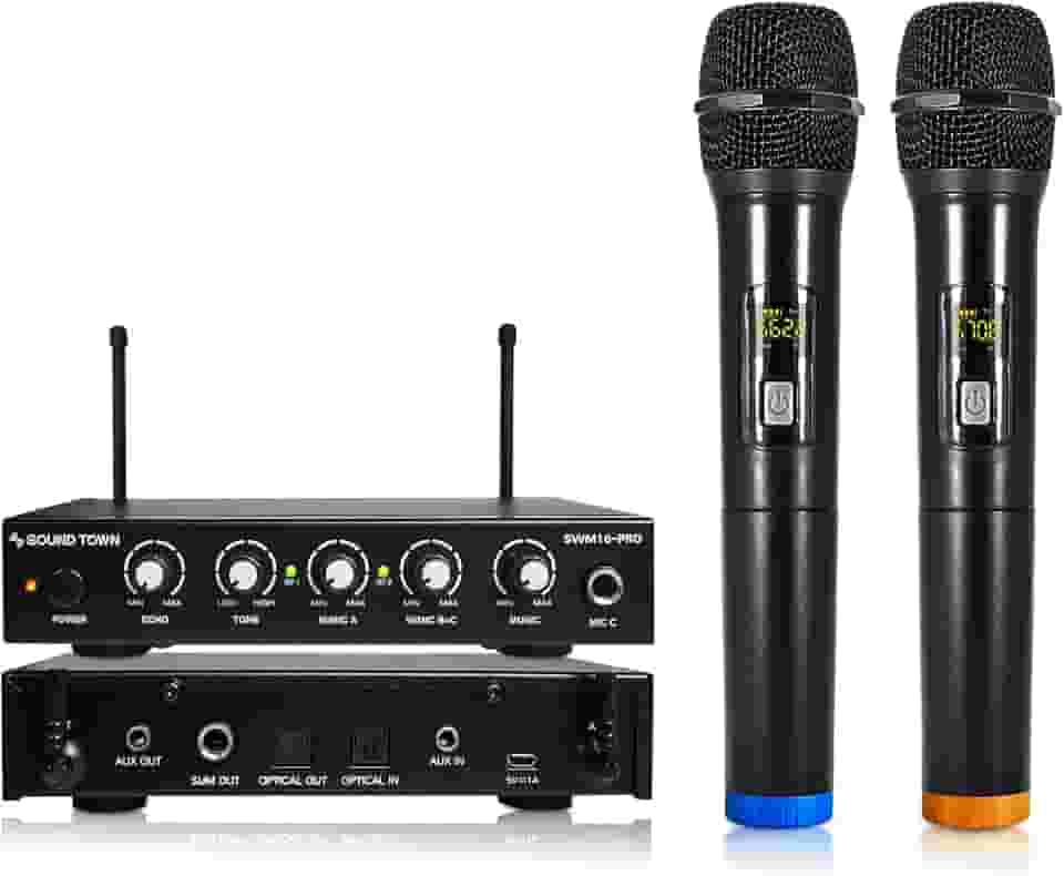 Sound Town Sistema de mixer de Karaokê com microfone sem fio de 16 canais com microfones ópticos (Toslink), AUX e 2 portáteis - Suporta Smart TV, Home Theater, barra de som (SWM16-PRO)