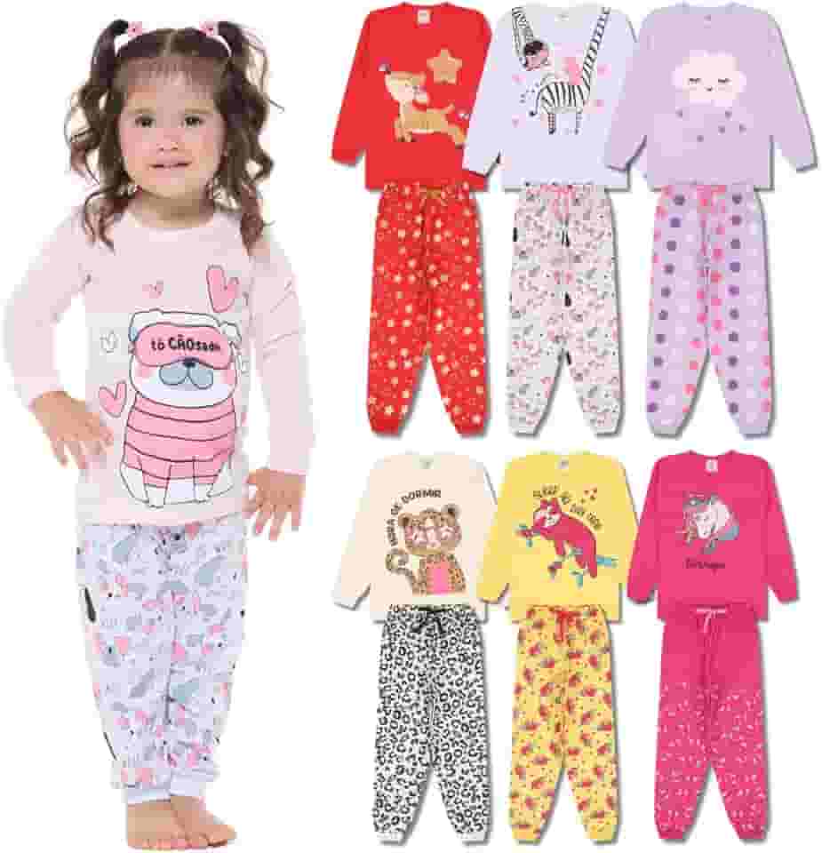 Kit Sortido 6 Peças Pijama Bebê Menina Manga Longa - 3 Conjuntos Pijama Bebê Feminino Algodão