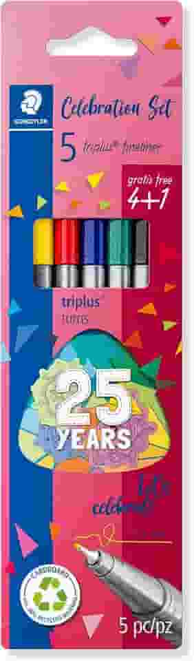 STAEDTLER Caneta Ponta Fina Triplus Fineliner 0.3mm - 334 BK5 TA - Estojo - 5 Cores (4+1) Sortidas - Corpo Ergonômico Triangular – Ideal para Escrita e Bullet Journal
