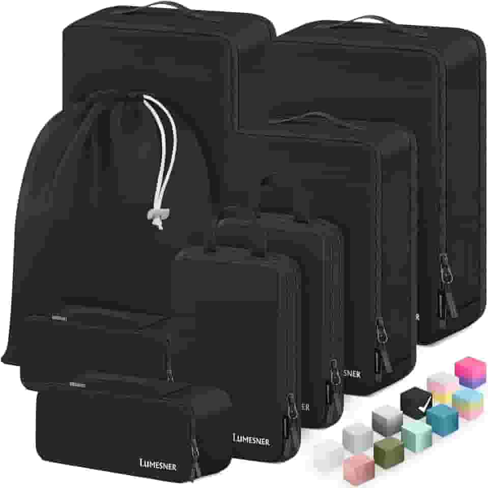 Velaybor Conjunto de 8 cubos de compressão para viagem, organizadores de bagagem à prova d'água, conjunto organizador de mala para bagagem de mão e despachada, acessórios de viagem para homens e