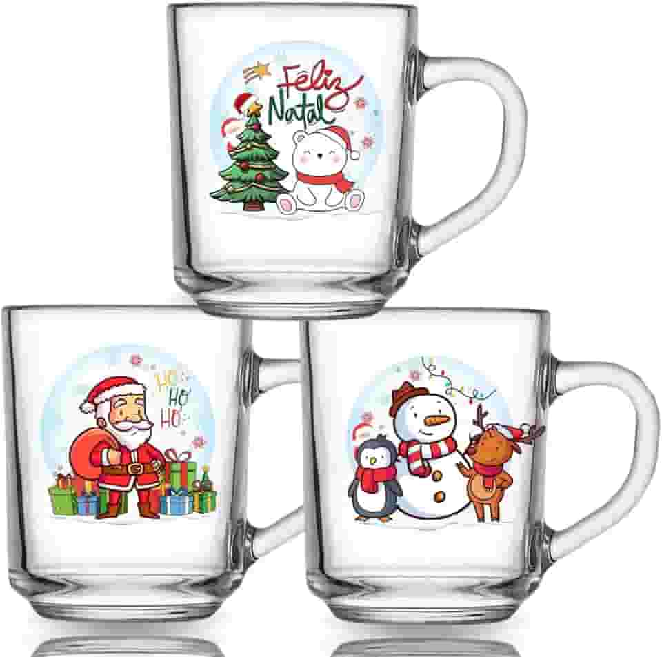 Kit 3 Canecas Especial De Natal 255ml Vidro P/Cantinho Do Café Decorativa Fim De Ano Papai Noel Presente Decoração Natalina Chá Leite