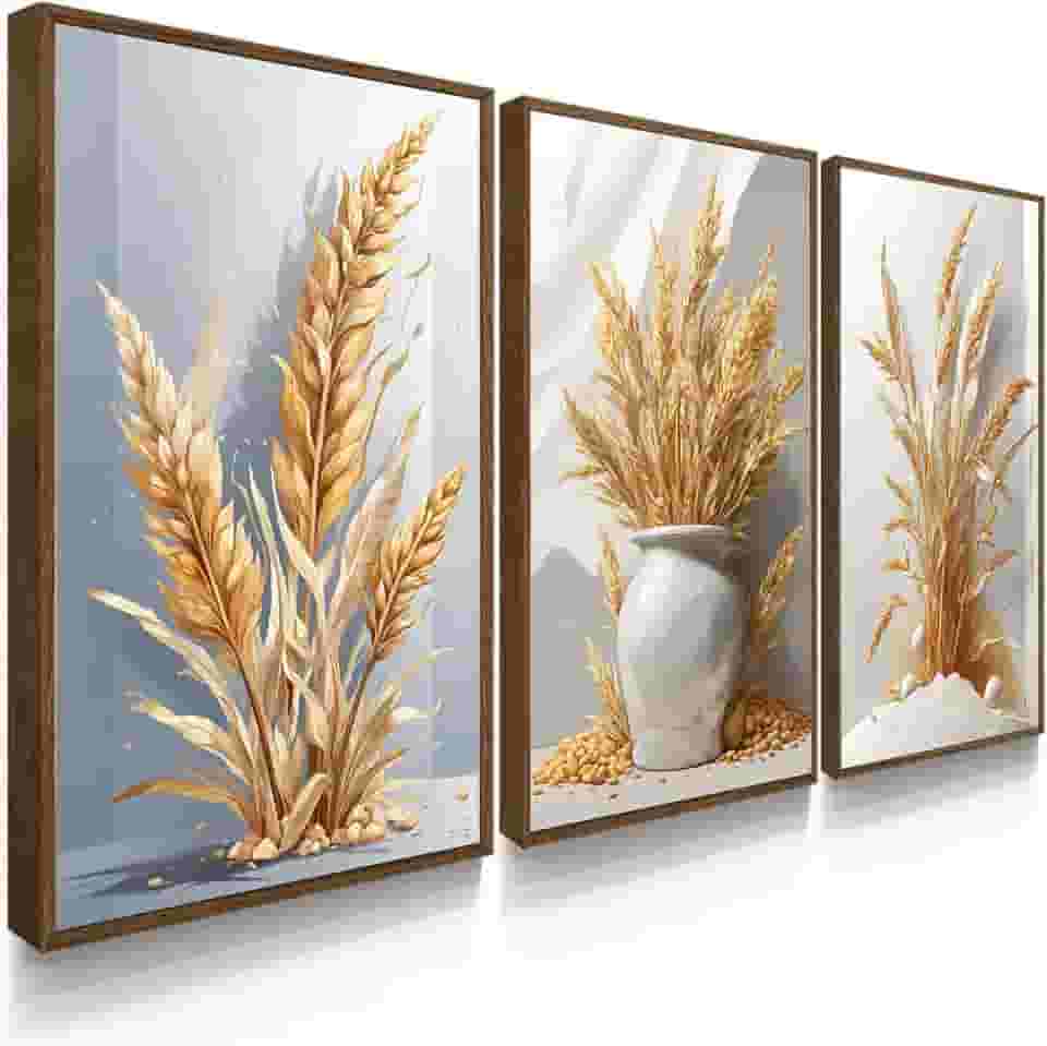 Kit 3 Quadro Decorativo Trigo Branco Dourado Prosperidade Fartura