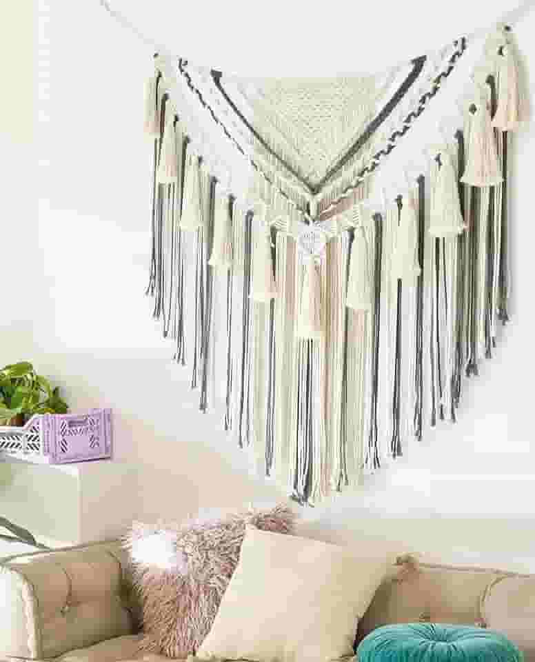 Jakalin Macramê para pendurar na parede cinza pequeno macramê painéis de decoração de parede arte de parede artesanal decoração de quarto sala de estar, 78,7 cm L x 99 cm C