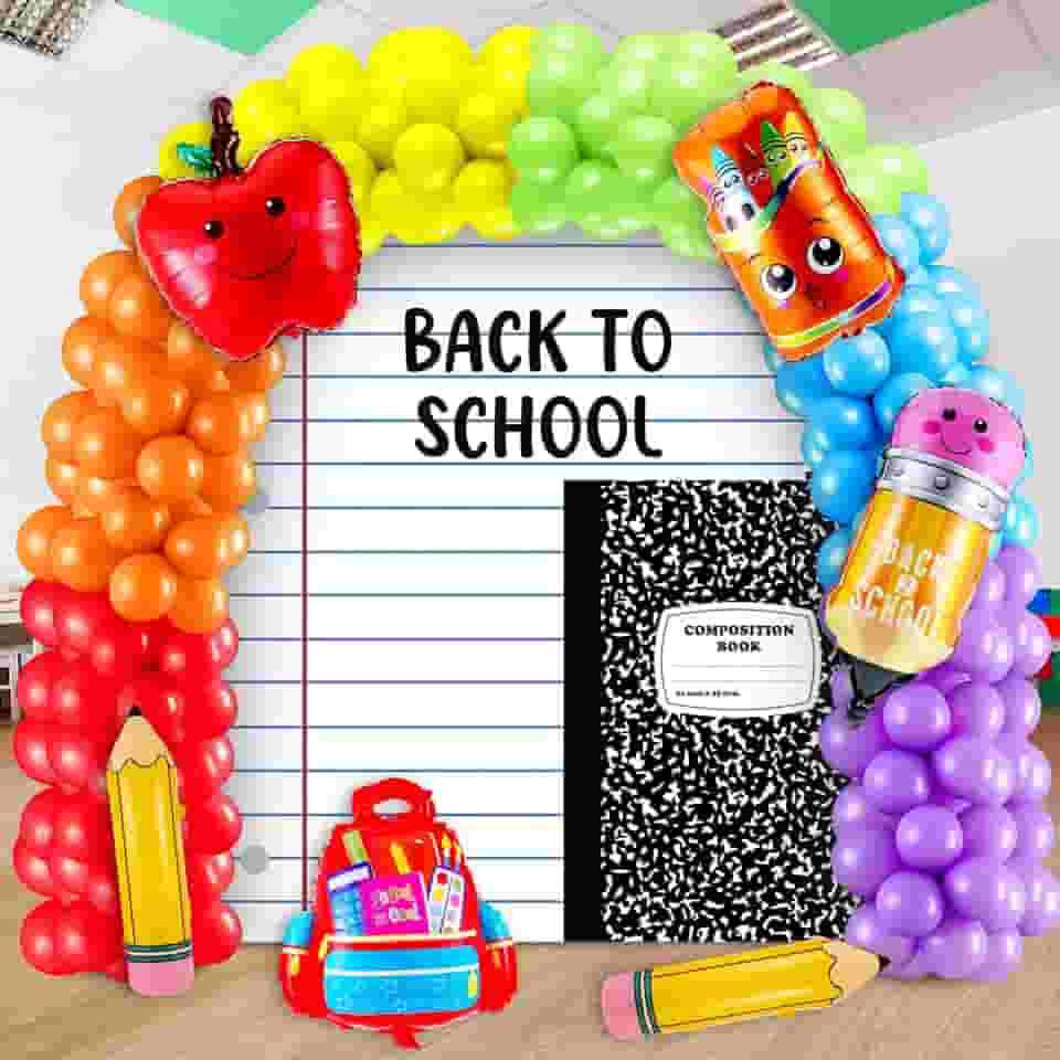 Hahafelt Back to School Party Decorations 158 Pcs Rainbow Balloon Garland Arch Kit with Large Notebook Paper and Composition Book Backdrop Banner for First Day of School Kindergarten Party Supplies