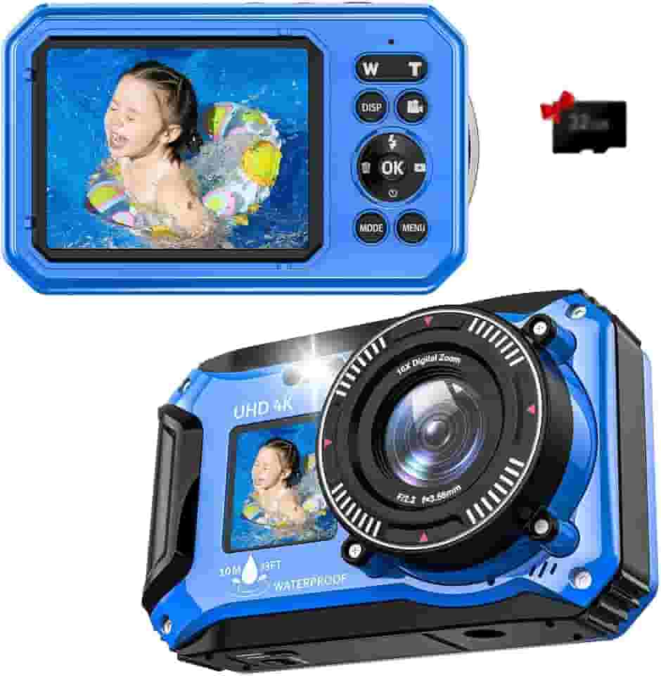 Câmera digital subaquática UHD 4K 56MP 33FT para mergulho com cartão de 32 GB, tela dupla, compacta, à prova d'água, à prova de poeira, flutuante, ponto de foco automático e bateria digital de 1500