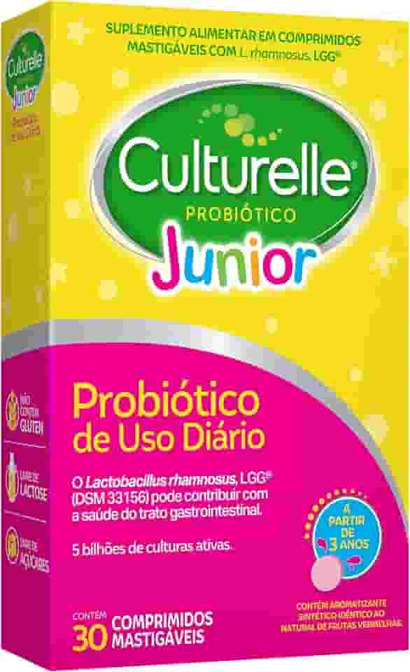 Culturelle Probiótico Júnior, Com Lactobacilos, Sem Glúten, Sem Lactose, Para Crianças a partir de 3 anos, Sabor Frutas Vermelhas, 30 Comprimidos Mastigáveis