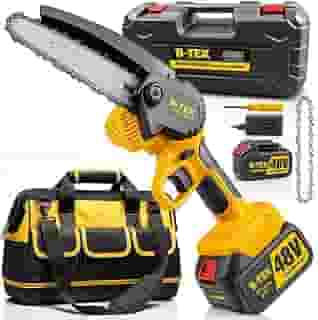 Kit Mini Motosserra Elétrica 48V Brushless com Bolsa de Ferramentas, Corrente de Aço Premium, Autonomia 2h e Lubrificação Automática