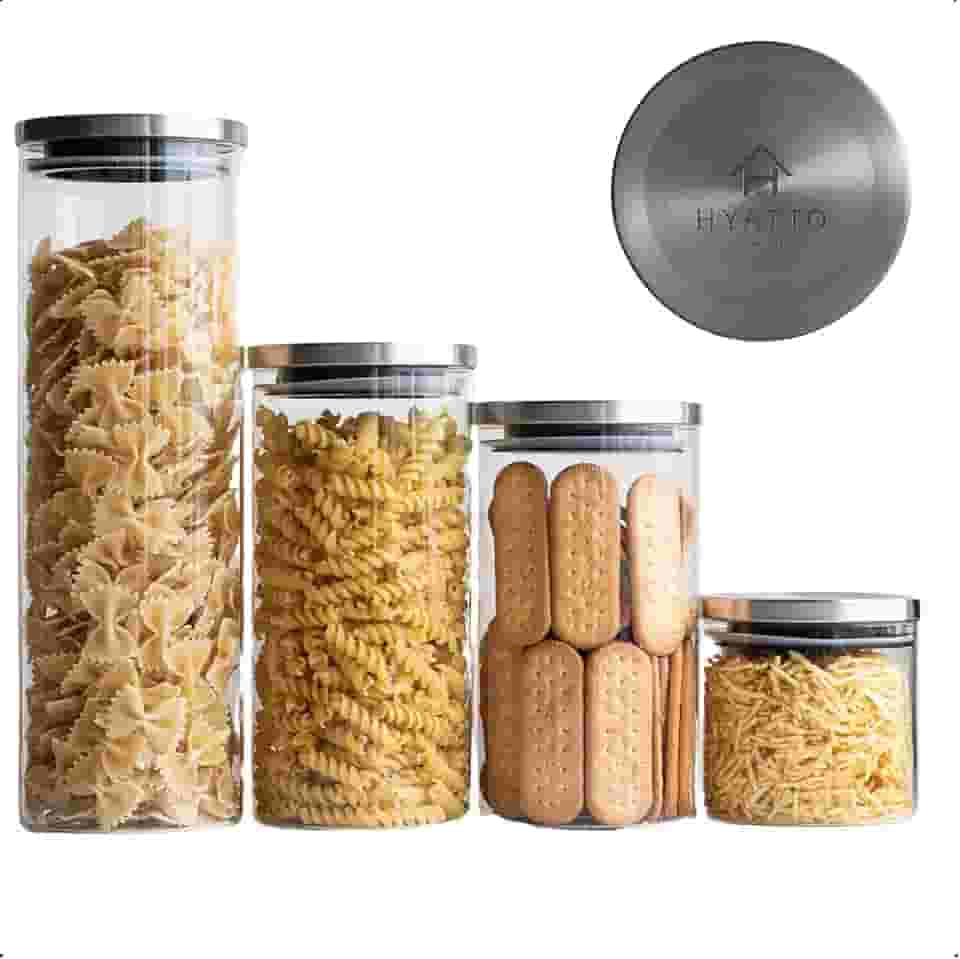 Kit Potes Herméticos de vidro 4 Unidades com Tampas INOX, Tamanhos Variados | Conjunto de Porta Mantimentos, Ideal para Organização de Cozinha | Potes de Vidro com Tampa Hermética INOX | Hyatto Home