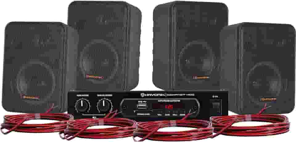 HAYONIK, Kit de Som Ambiente, 400W, Com 4 Caixas Pretas, 1 Amplificador e Cabos para Ligação, USB, Cartão SD, Entrada Auxiliar, Entrada P/Mic, Bluetooth, Rádio FM - AMBIENCE 4000 V2 PT