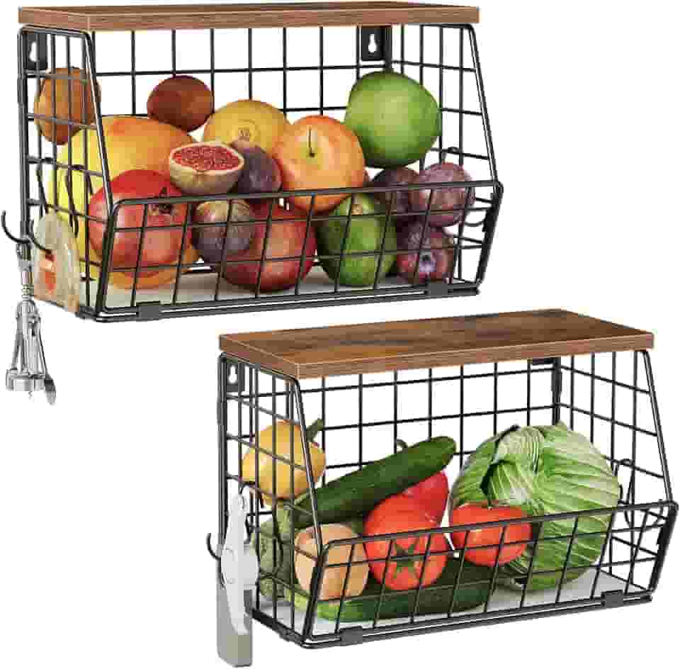 CHOEZON Cesta de frutas de 2 camadas para cozinha, cesta suspensa empilhável com tampa de madeira, organizador de balcão de cozinha montado na parede para armazenamento de frutas, vegetais, marrom