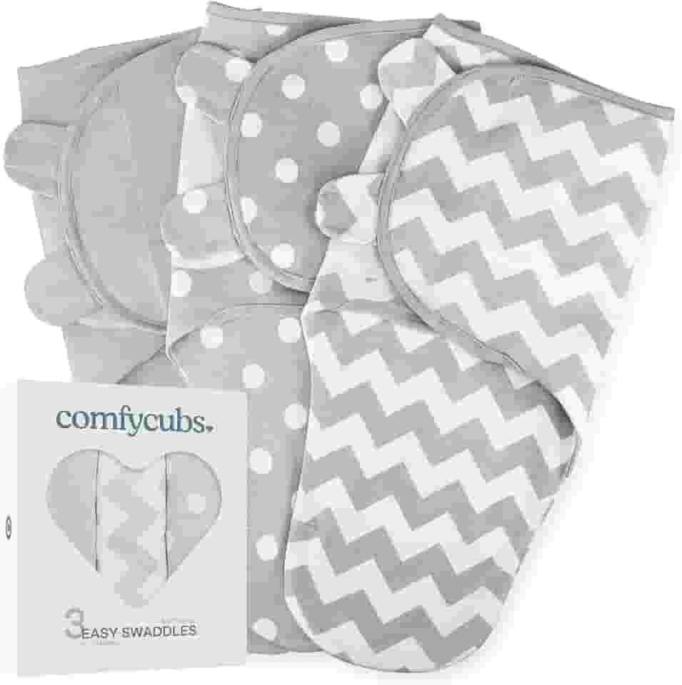 Comfy Cubs Cobertor Easy Swaddle, pacote com 3 - 100% algodão para recém-nascidos, pequeno para bebês de 0 a 3 meses, com velcro ajustável, saco de dormir respirável e durável para bebês - cinza