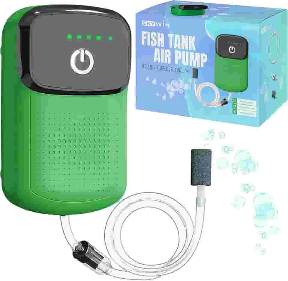 Skywin Bomba aeradora de peixes – Bomba de ar de aquário alimentada por bateria recarregável – Aerador de isca portátil para transporte de peixes, pesca ao ar livre, viagens, movimento, resfriamento