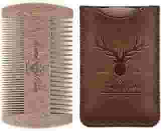Menesia Pente de barba de sândalo com estojo - Dentes finos e grossos, pente de bolso de madeira para barbas, bigodes e cabelo, design de caveira marrom