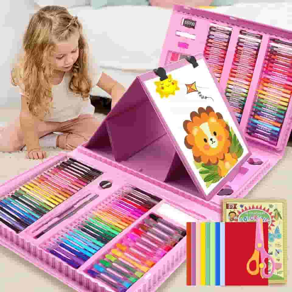 Lapis de Cor Profissional, Maleta de Pintura Infantil 208 Peças Rosa – Kit Pintura Infantil com Estojo Portátil, Pigmentos Vegetais, Prancheta de Apoio e Temas Cartoon para Meninas Artistas