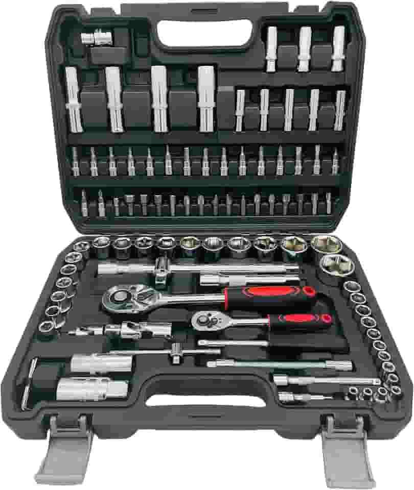 Jogo de Chaves Soquete Catraca 1/4 e 1/2 Pol 94 Peças Aço Cromo Venádio