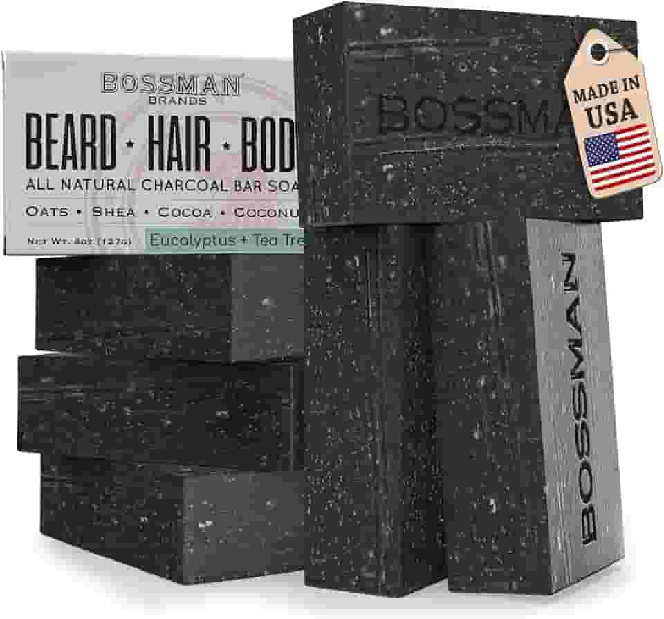 Bossman Pacote com 6 sabonetes em barra 4 em 1 para homens – Lavagem de barba totalmente orgânica natural, xampu, sabonete corporal e sabonete de barbear – Aroma de eucalipto e melaleuca