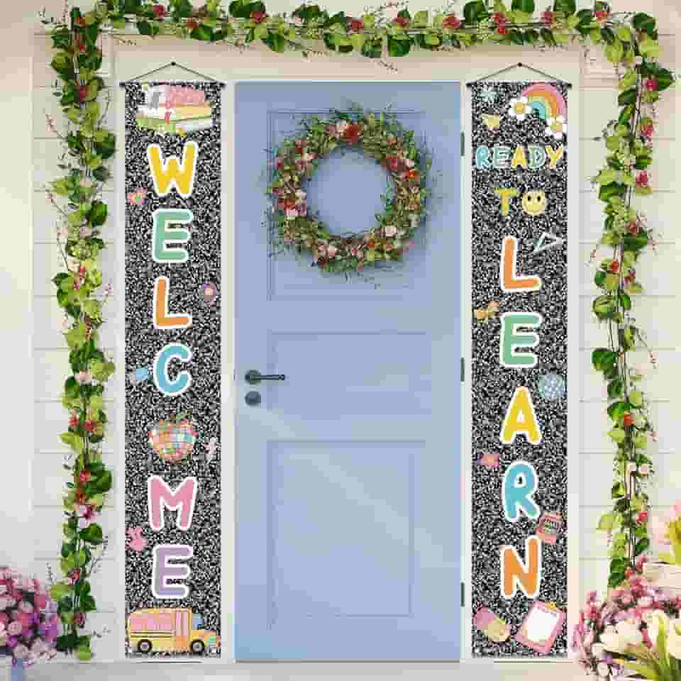 Buxiuer Faixa de varanda de volta às aulas Welcome Ready to Learn First Day of School Party Decoration Composition Notebooks Classroom Front Door Banner