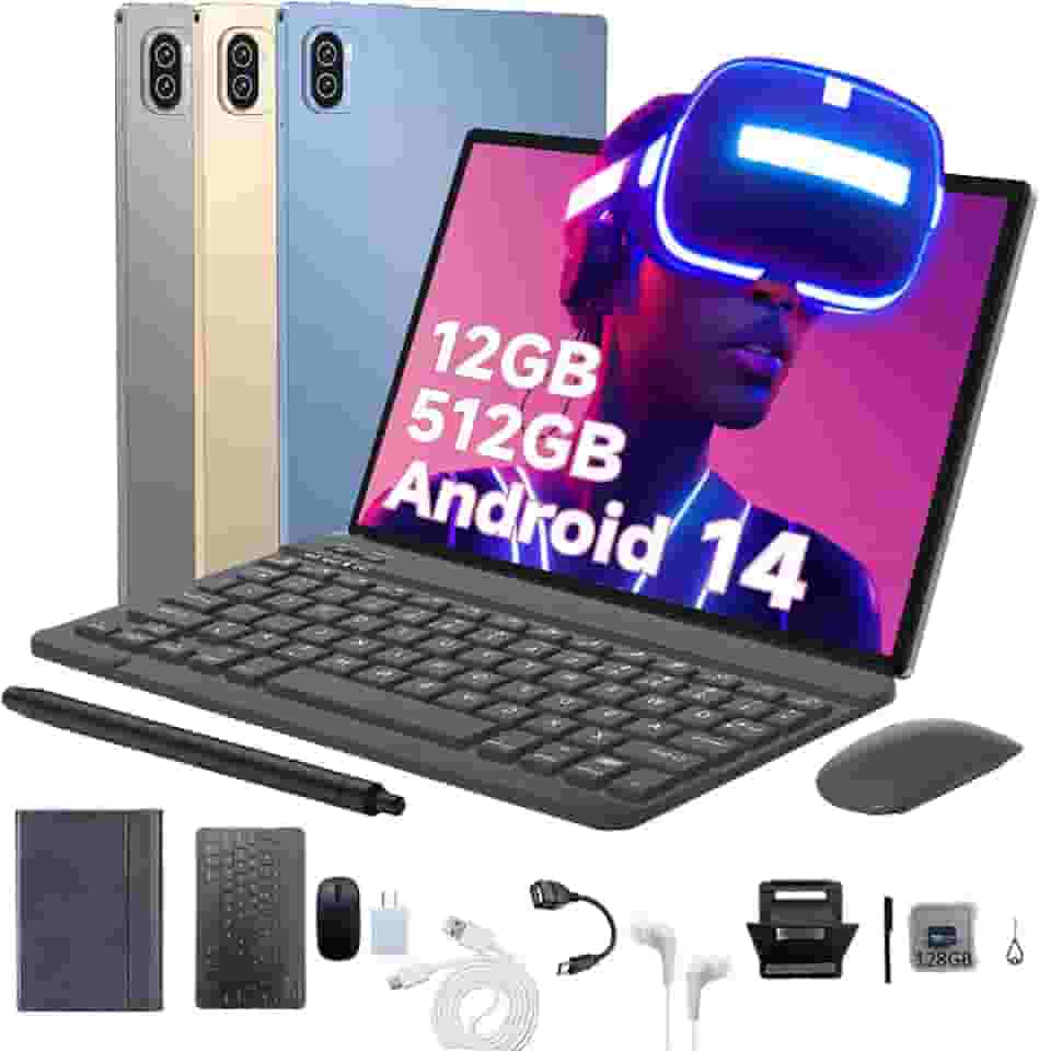 3 em 1 Tablet, com Capa/Teclado/Mouse, 10.1 Polegada, 1920×1200 Tela, 1920x1200 Tela Processador Octa-Core, 12GB RAM+512GB ROM, Câmera de 16MP + 32MP, Android 14, 8000mAh, Versão WiFi (Azul)