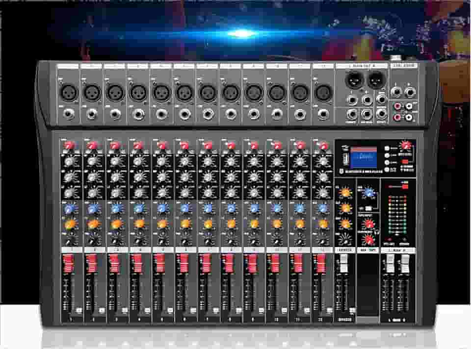 VEDO Mesa de som 12 canal, Small Stage Bluetooth USB MP3, entrada 48V Phantom Power DJ Audio Network Karaoke Mobile Live High Power Mixer Professional 12 Channel Studio Audio Mixer 110V/220V 12 canais