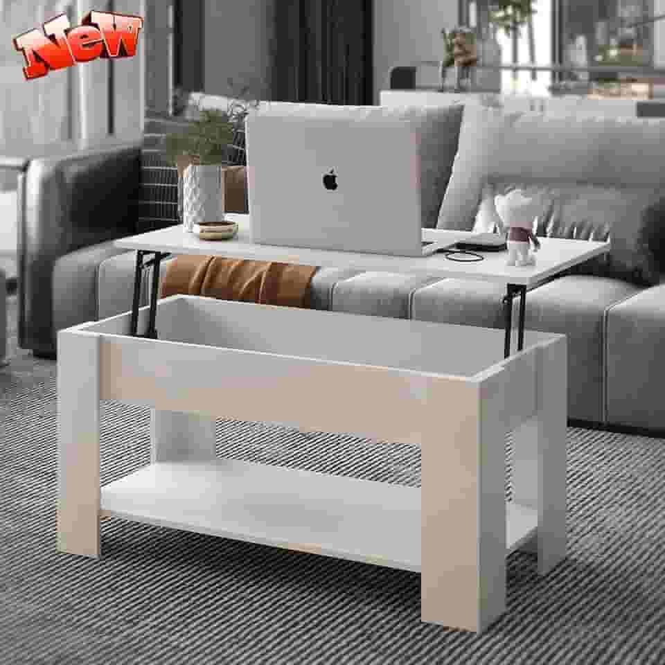 Versão atualizada moderna mesa de centro elevatória com 2 gavetas e compartimento de armazenamento oculto, mesa central de coquetel para sala de estar, madeira espessa (branco + gavetas) (branco +