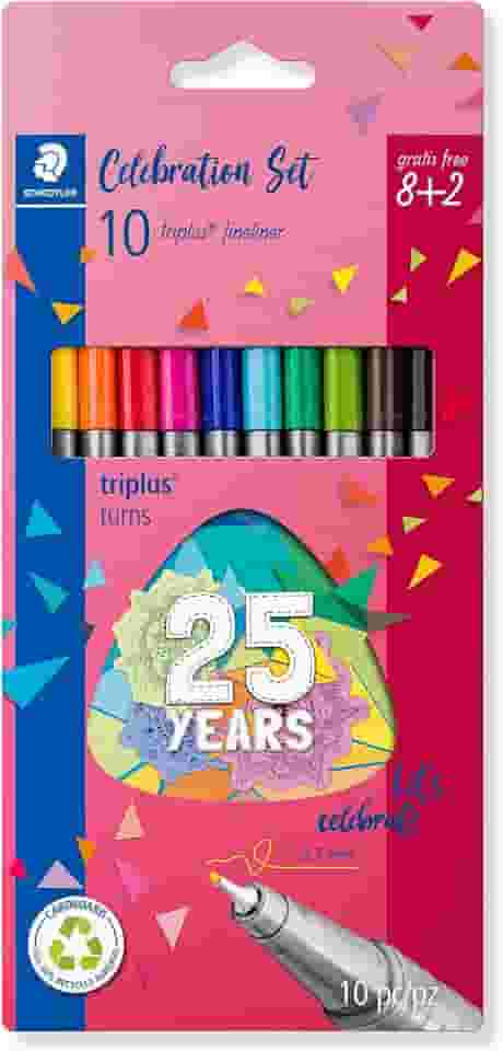 STAEDTLER Caneta Ponta Fina Triplus Fineliner 0.3mm - 334 BK10 TA - Estojo - 10 Cores (8+2) Sortidas - Corpo Ergonômico Triangular – Ideal para Escrita e Bullet Journal