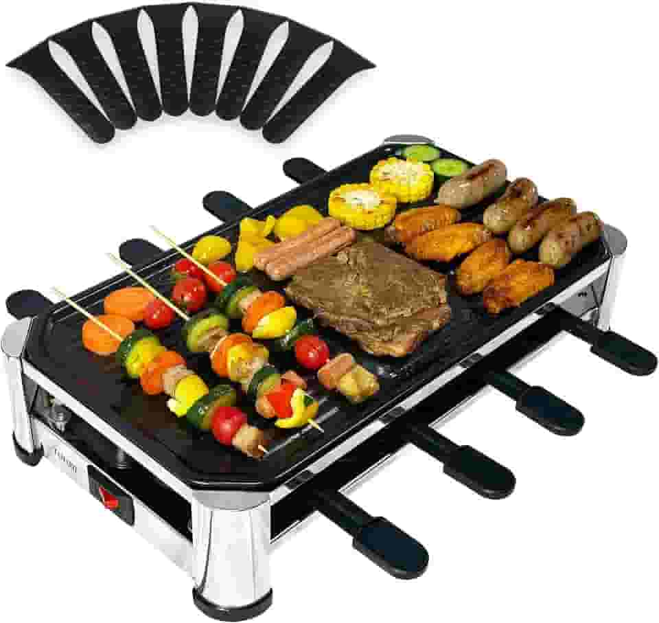 TAMARIT Grelha Raclette para 8 pessoas, grelha elétrica para festa com placa antiaderente, 8 panelas e espátulas, 1500 W (interior), aço inoxidável