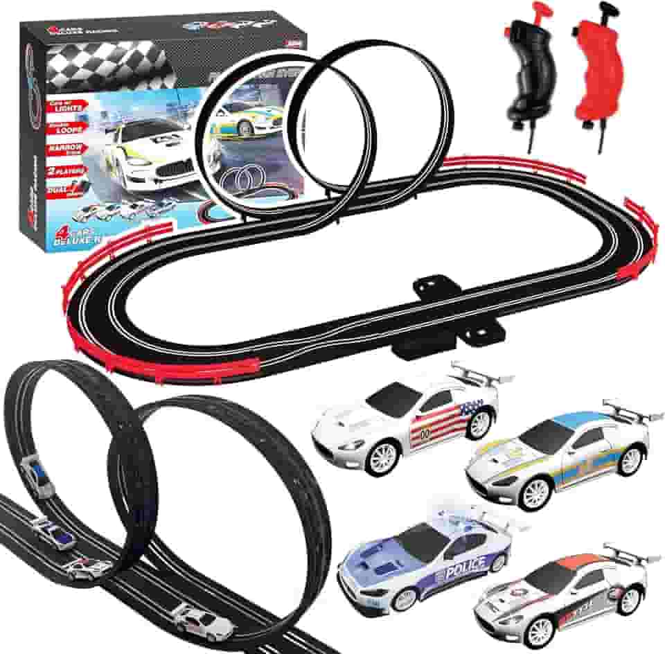 AGM MASETCH Conjunto de Pista de Corrida de Carros Slot com 4 Carros Slot Exclusivos, Pista de Carro a Bateria ou Elétrica, Brinquedos de Presente para Meninos e Meninas de 4 a 12 Anos.