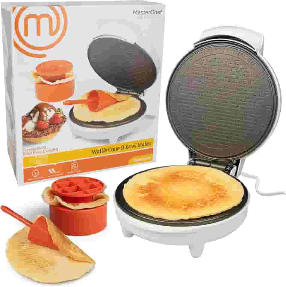 MasterChef Máquina de cone e tigela de waffle - Inclui rolo modelador e prensa de tigela - Assar em cone de sorvete caseiro, máquina de ferro de biscoito, aparelho de cozinha elétrico portátil para