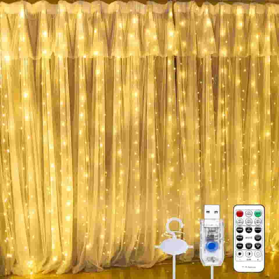 Cortina de LED 3x3m 300 LEDs Branca Quente | Pisca Pisca Cascata USB com Controle Remoto, 8 Modos, Temporizador, à Prova d’Água IP68 | Decoração de Natal, Festa, Casamento e Casa (Branco Quente)