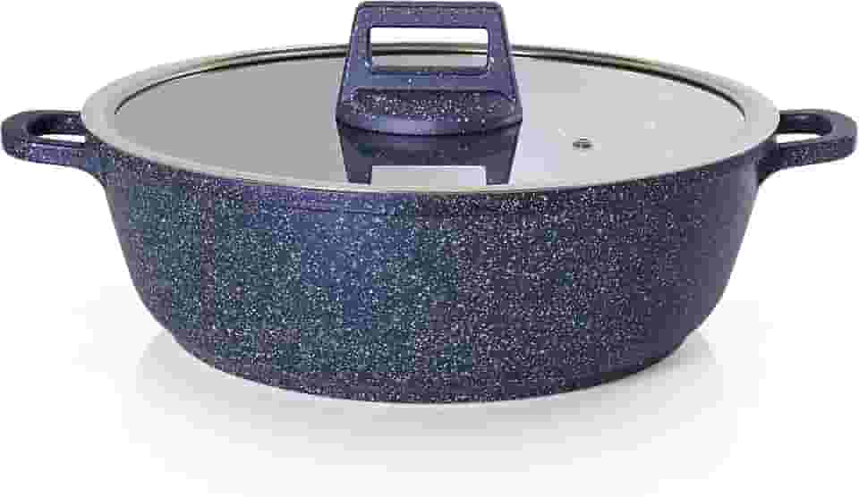 MODA DO CHEF Panela Caçarola Baixa Antiaderente Premium com Tampa em Vidro 28cm Graniflon Azul Capacidade 5L Design Moderno
