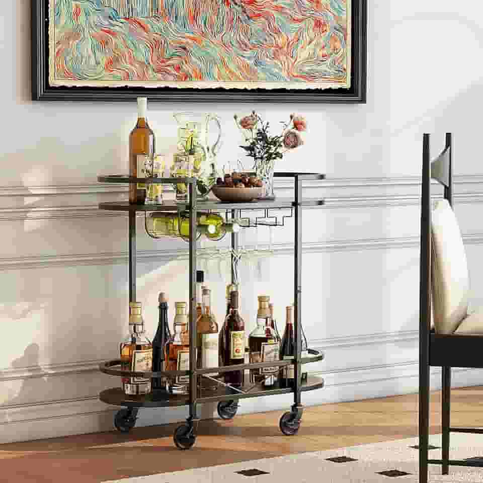 Carrinho de Bar Elíptico de Dois Níveis com Rodas, Carrinho de Bar de Casa com Rack de Vinho e Suporte de Copo de Vinho, Carrinho de Serviço para Casa, Restaurante, Festa, Preto