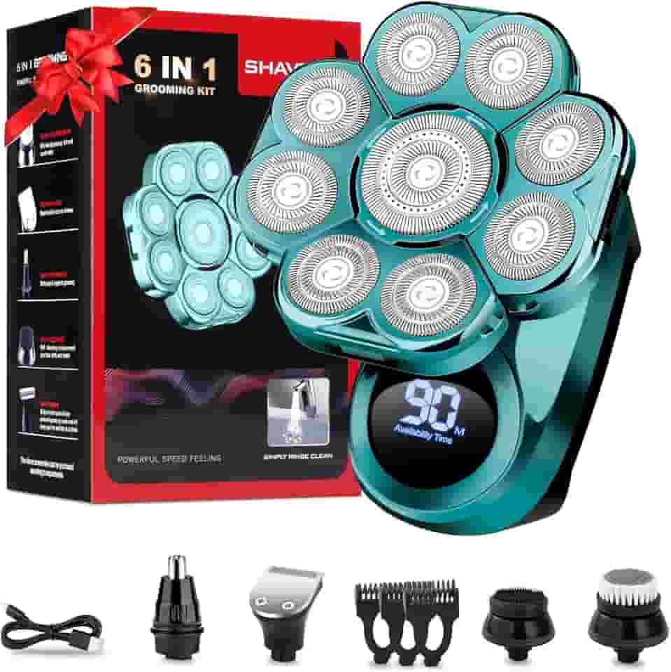 Barbeadores de cabeça 9D para homens carecas, barbeador elétrico para homens, kit de cuidados masculinos 6 em 1 com aparador de pelos do nariz, aparador de barba, barbeador rotativo à prova d'água