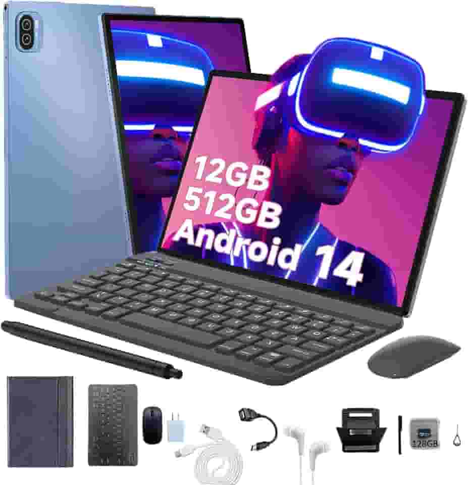 3 em 1 Tablet, com Capa/Teclado/Mouse, 10.1 Polegada, 1920×1200 Tela, 1920x1200 Tela Processador Octa-Core, 12GB RAM+512GB ROM, Câmera de 16MP + 32MP, Android 14, 8000mAh, Versão WiFi (Ouro rosê)