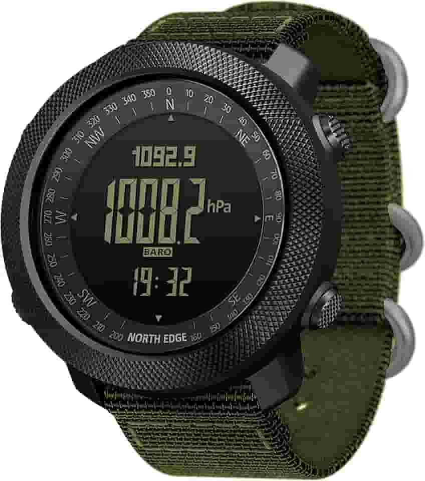 North Edge Apache Relógio digital esportivo tático masculino, bússola militar de sobrevivência ao ar livre, robusto, com pulseira durável, pedômetro rastreador de passos e calorias (verde)