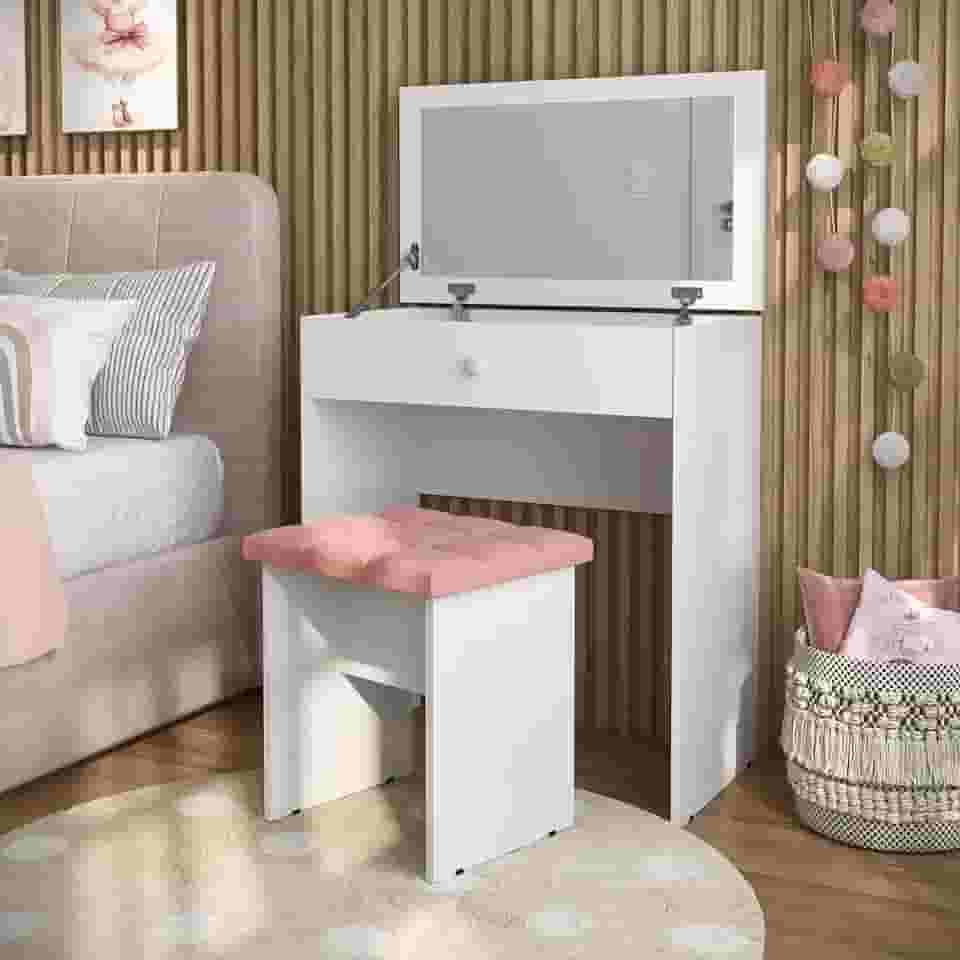 Penteadeira Escrivaninha Mesa Camarim Com Espelho e Gaveta e Banqueta (Rosa)