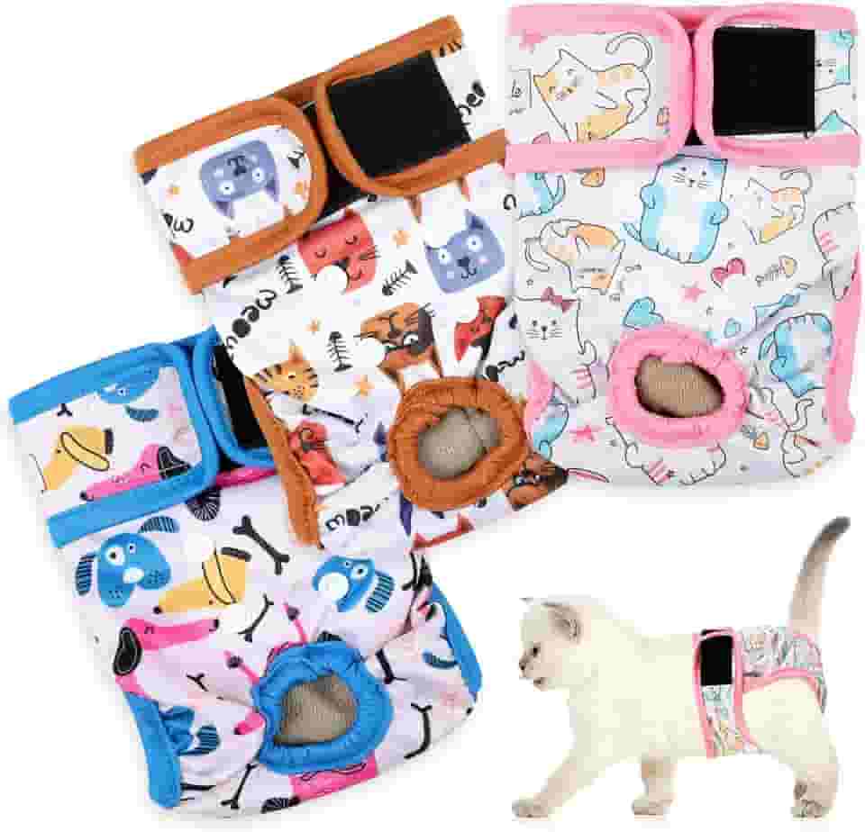 Pacote com 3 fraldas reutilizáveis para gatos com boa absorção, fácil de colocar fraldas adoráveis para gatos, ajuste seguro P