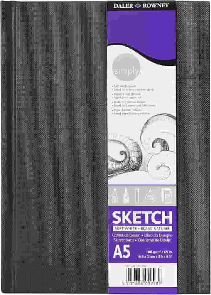 Daler-Rowney Simply Medium Grain 100gsm Hardback A5 Sketchbook, branco macio, 54 folhas, bloco de desenho básico, ideal para artistas iniciantes e amadores