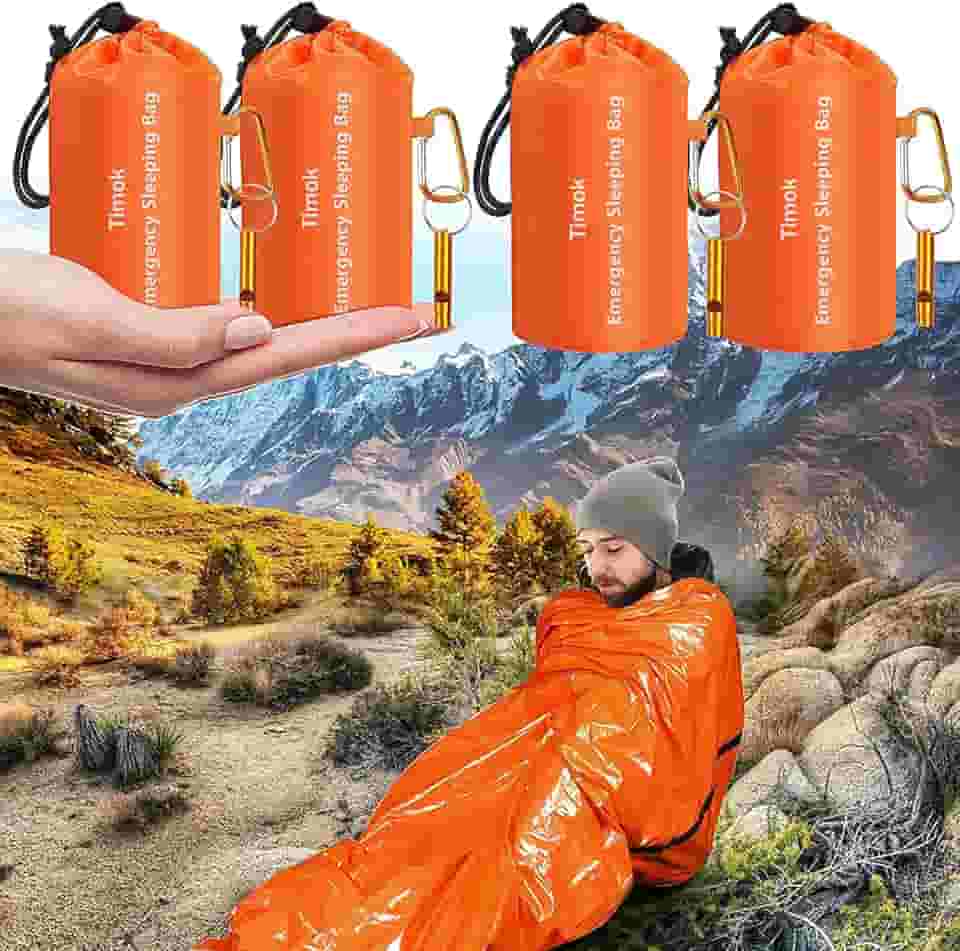 Timok Sacos de dormir de emergência, 4 peças, cobertores de emergência térmica, cobertores espaciais ultraleves, cobertores de sobrevivência impermeáveis, bivy saco, equipamento de sobrevivência multiuso para caminhadas, acampamento, kits de primeiros socorros